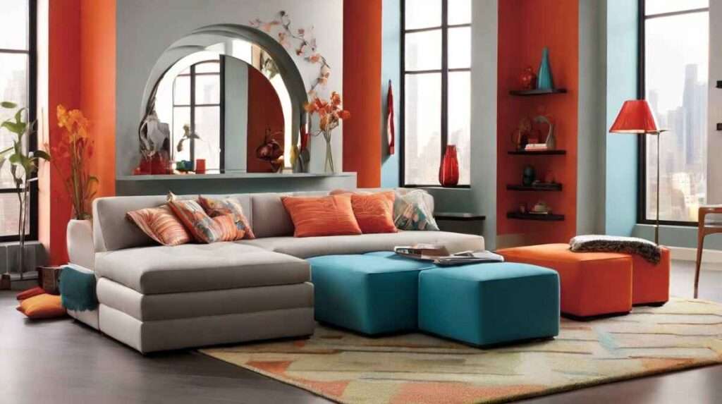 A visually captivating image demonstrating creative ways to maximize small spaces. Featuring multifunctional furniture like ottomans with hidden storage and beds with built-in drawers. Mirrors strategically placed to create spaciousness, along with bold color accents enhancing small rooms. Inspiring viewers to elevate their home interiors with innovative design solutions