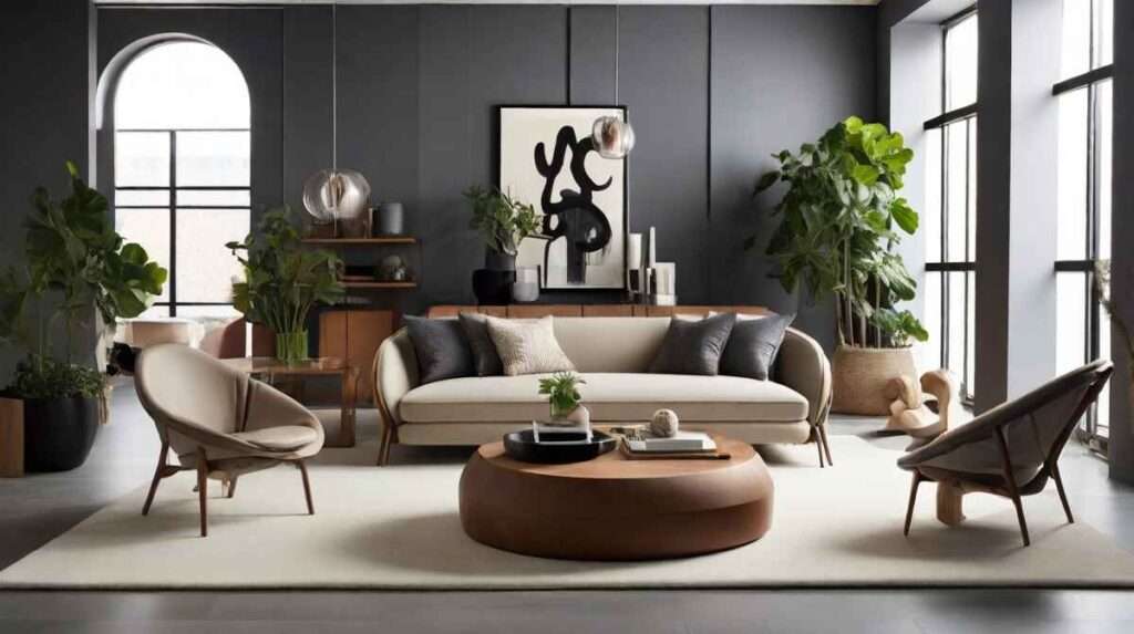 Inspiring image depicting reimagined interior spaces. Features flexible floor plans with movable furnishings, purposeful accessories like unique art pieces and plant displays, and a dynamic blend of traditional and contemporary decor, such as a classic Chesterfield sofa in a modern setting.